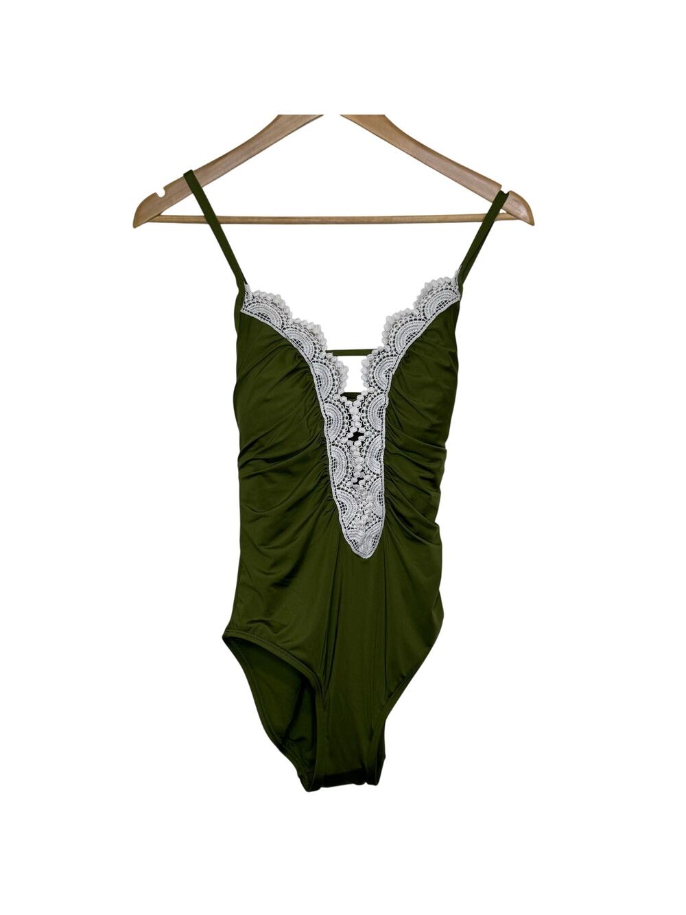 NWT Olive Green Lace Trimmed Corset Style Back Lingerie Inspired Swimsuit